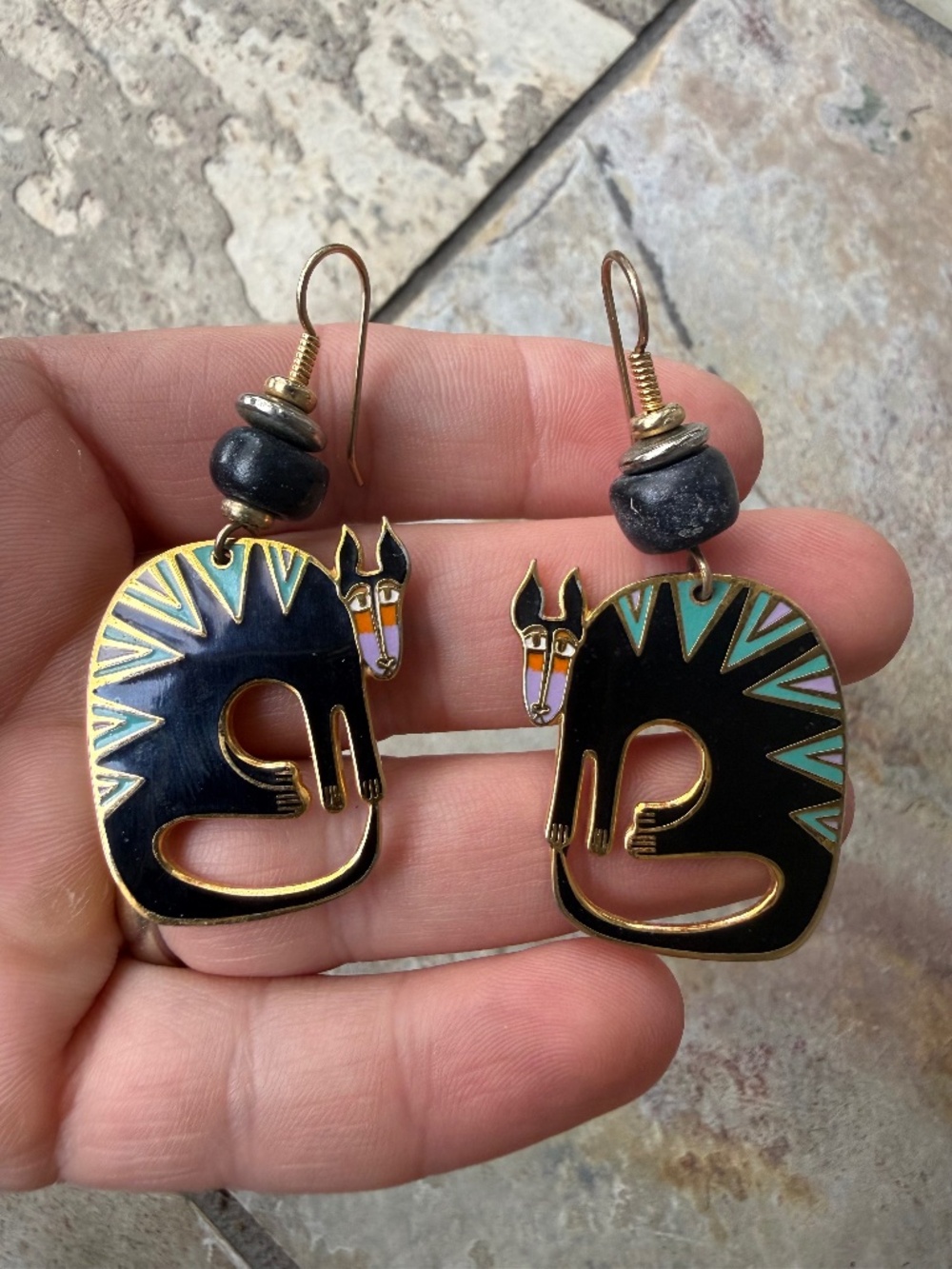 Vintage Laurel Burch Dangle Drop Black Multicolor Gold Earrings Aardvark.